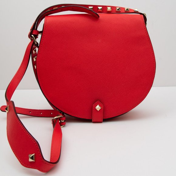 Rebecca Minkoff Skylar Purse Saddle Crossbody Bag Leather Studs Fire Engine Red - Picture 1 of 12
